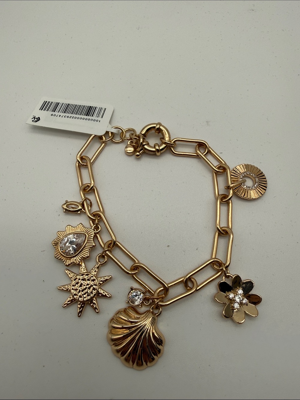 Gold Charm Link Bracelet with Shell, Sun & Floral Charms